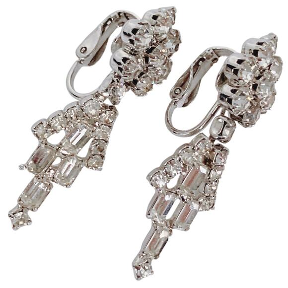 VTG 1950s Mid Century Clear Rhinestone Chandelier Dangle Clip On Earrings - Picture 5 of 9